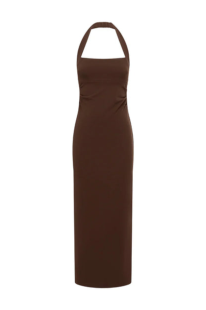 FRANCA HALTER MIDI DRESS - BITTER CHOCOLATE