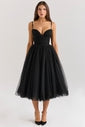 black tulle ruched bodice midi dress - sale