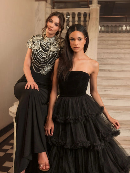 Black High Neck Embellished Column Gown
