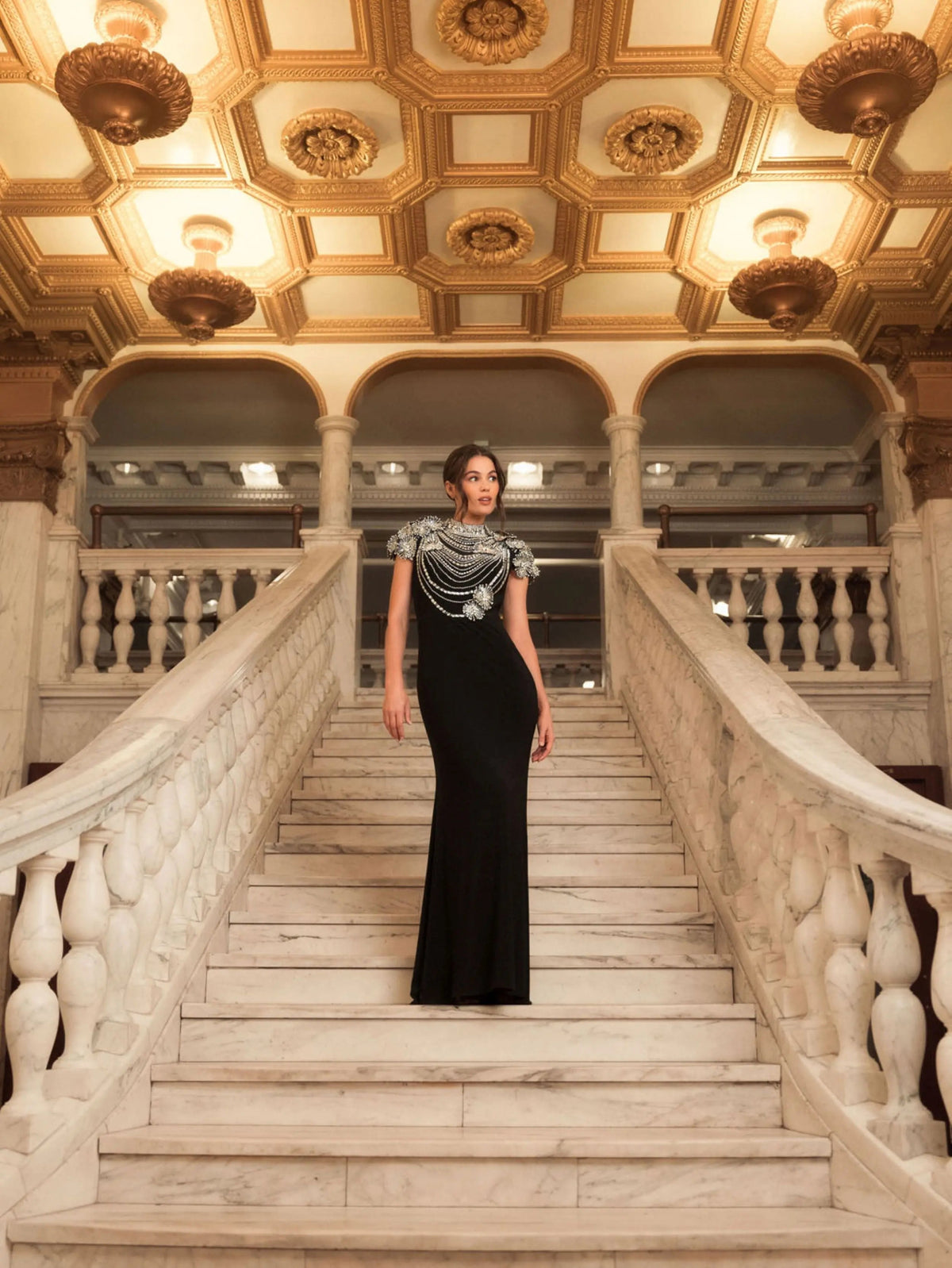 Black High Neck Embellished Column Gown
