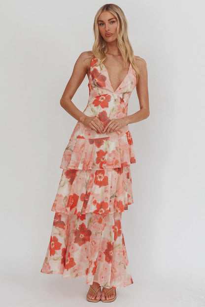 Veda Strappy Back Ruffle Maxi Dress Poppies Red