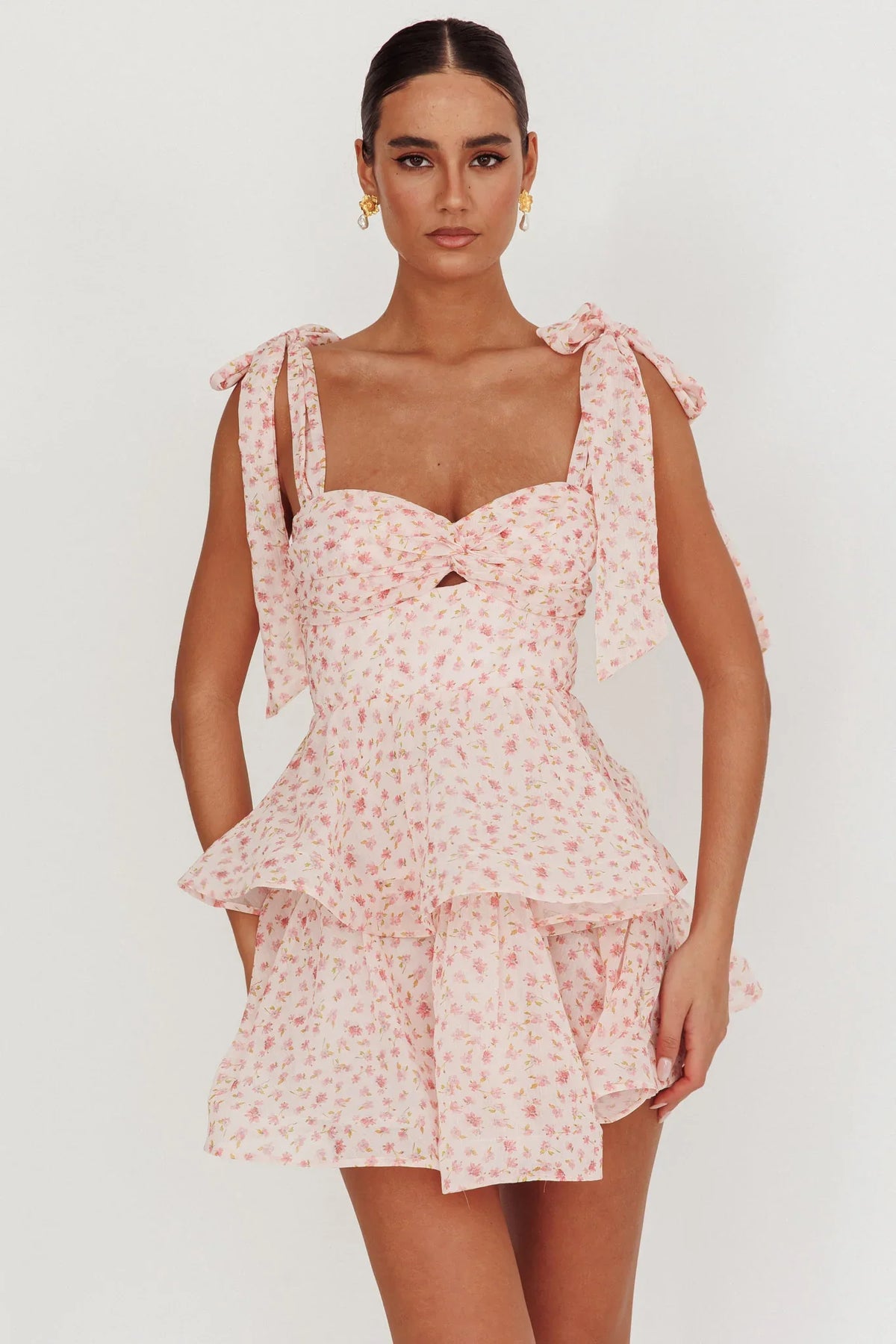 Oliana Tied Shoulder Tiered Mini Dress Peach