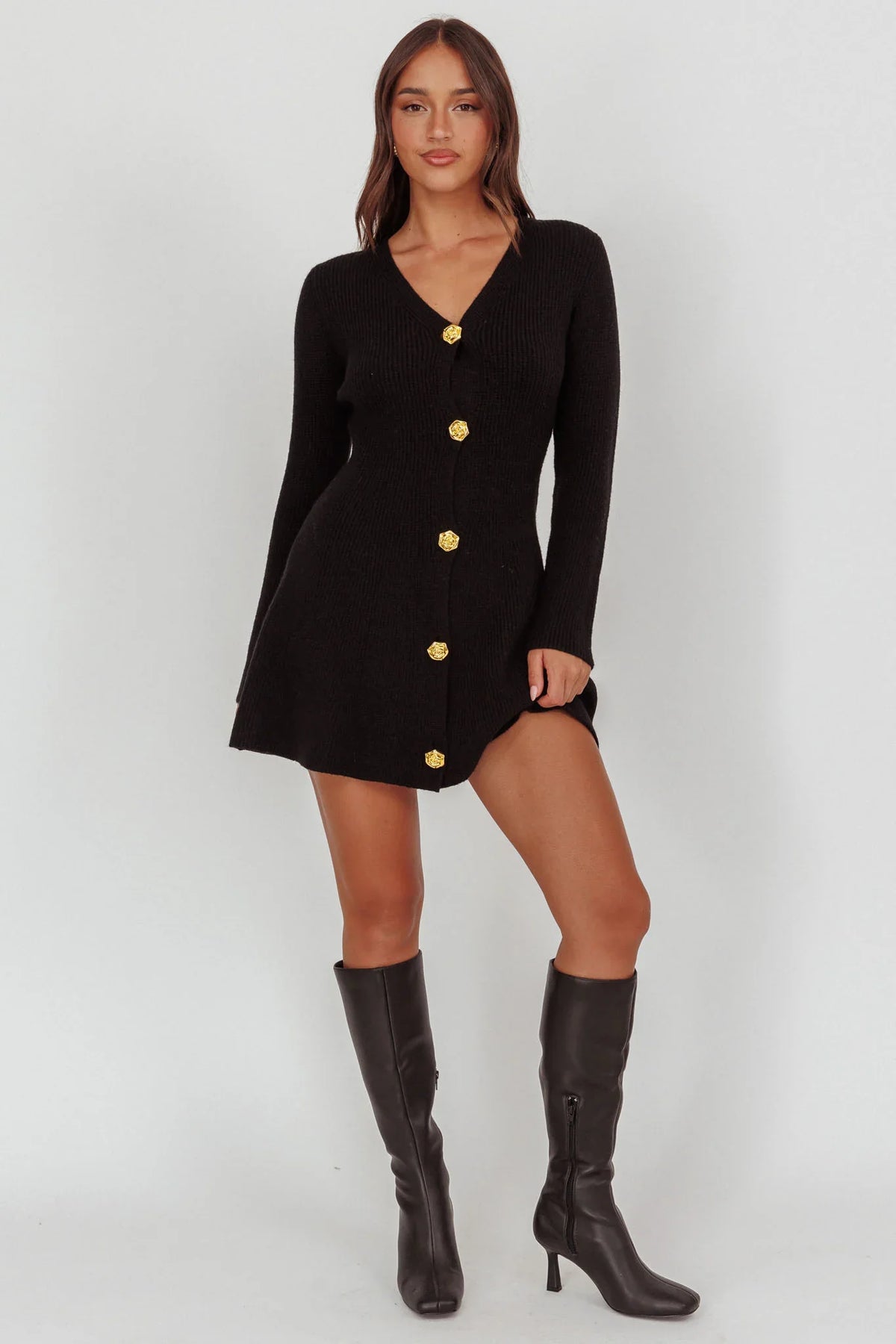 Irma Gold Button Knit Mini Dress Black