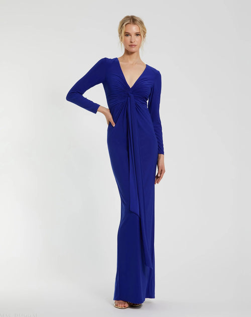 Blue Long Sleeve Jersey V Neck Twist Knot Gown