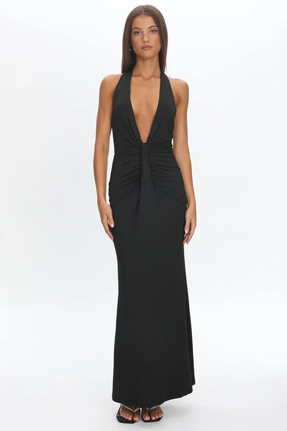 Make Believe Plunging Halterneck Maxi Dress Black