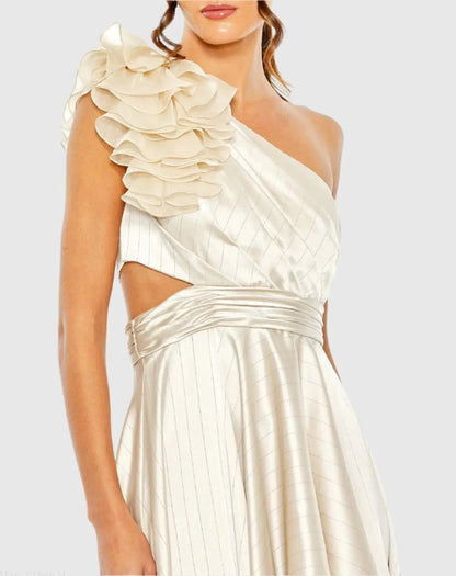 Beige Ruffled One Shoulder Cut Out Hi-Low Gown
