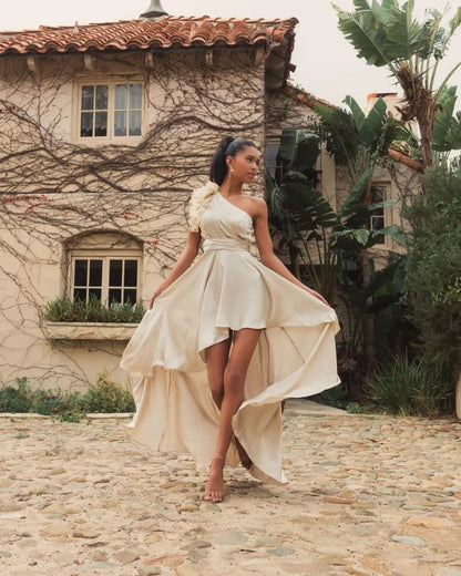 Beige Ruffled One Shoulder Cut Out Hi-Low Gown