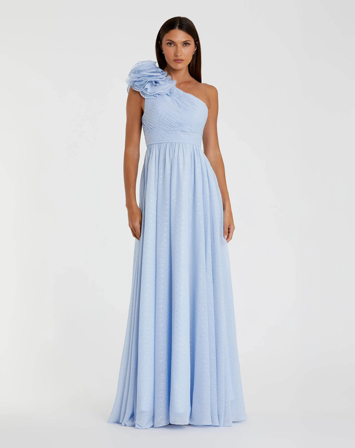 Blue One Shoulder Polka Dot Chiffon Gown With Ruffle Detail