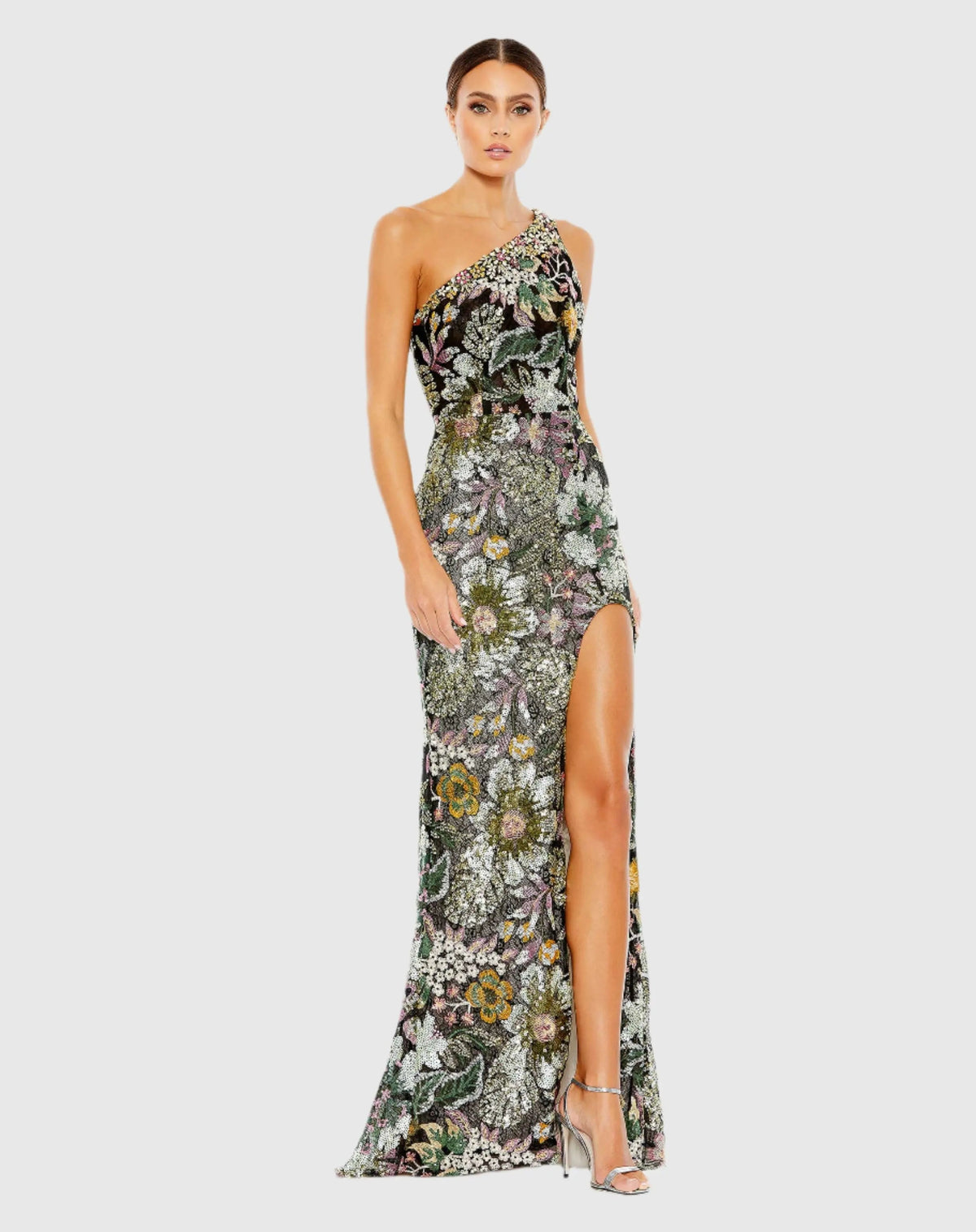 Black Floral Sequined Embroidered One Shoulder Trumpet Gown