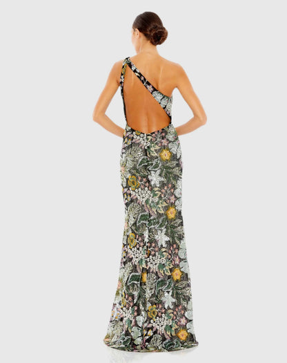 Black Floral Sequined Embroidered One Shoulder Trumpet Gown