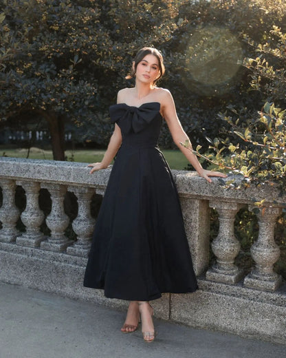 Black Strapless A-Line Tea Length Statement Bow Dress