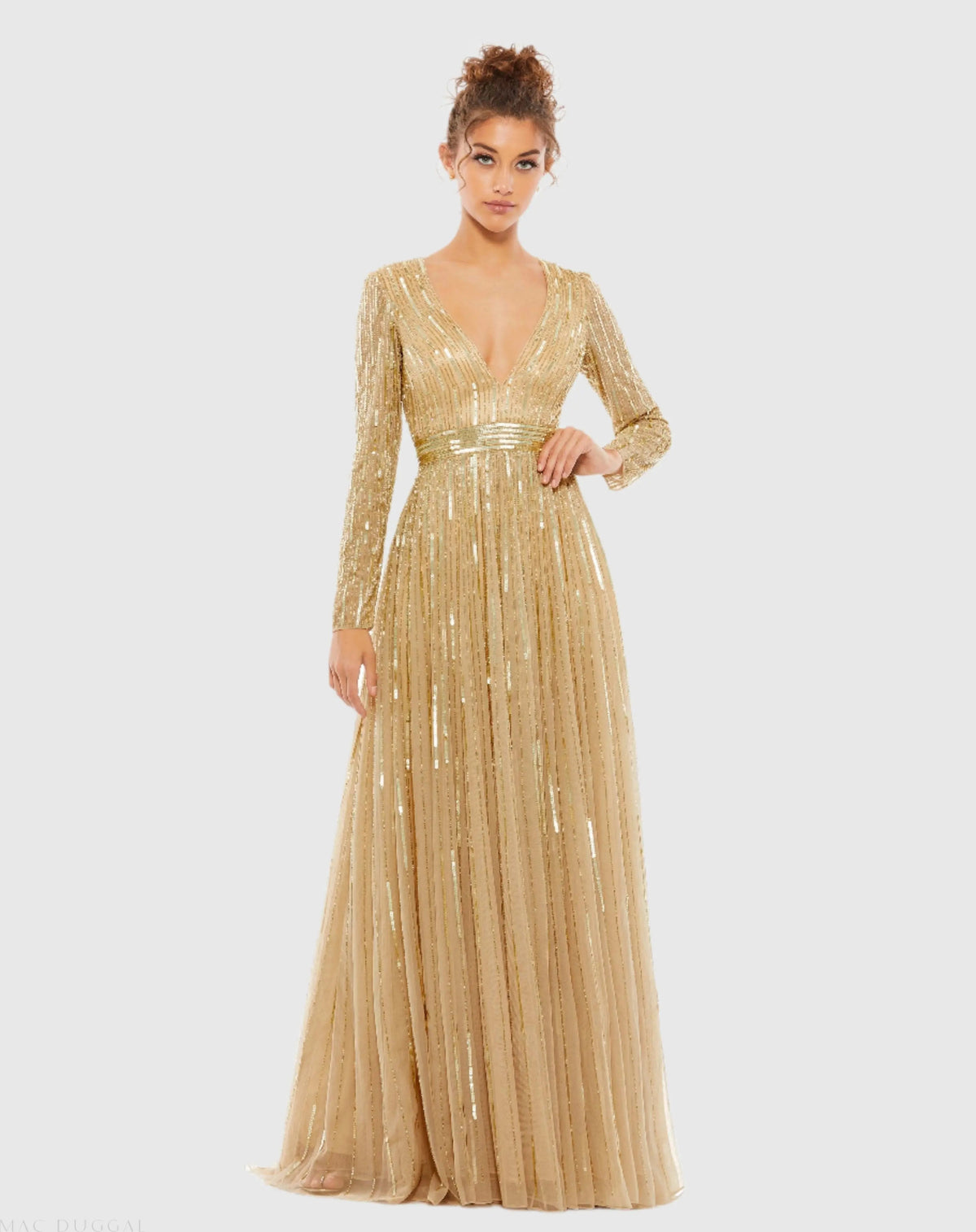 Gold Sequined V Neck Illusion Sleeve A Line Gown