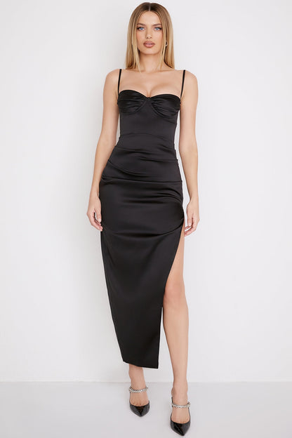 black satin pleated corset midi dress