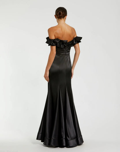 Black Satin Ruffle Off the Shoulder Mermaid Gown