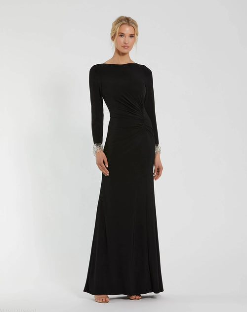Black Long Sleeve Jersey Gown With Beaded Cuff Sleeves