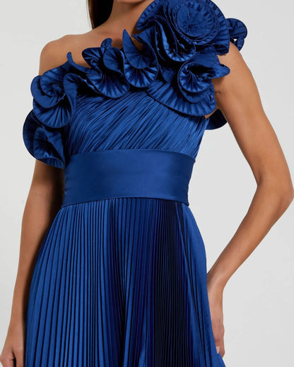 Blue Pleated Charmeuse One-Shoulder Evening Gown with Ruffle Detail