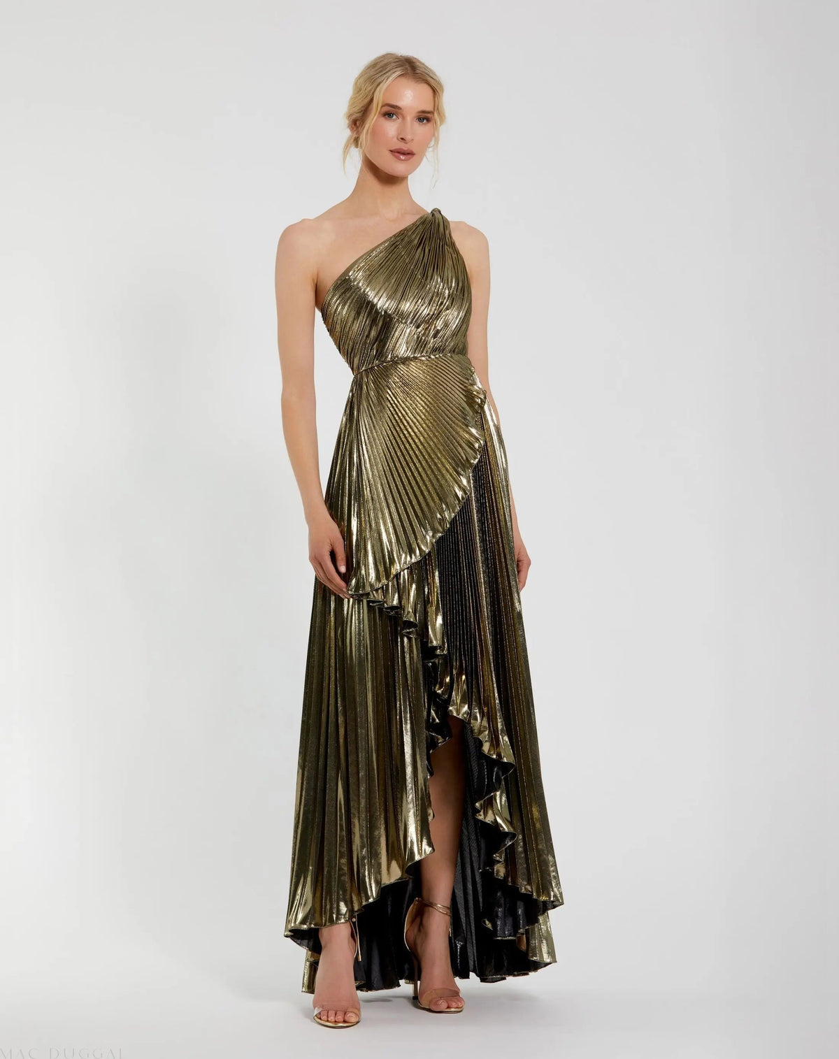 Gold Metallic Pleated One Shoulder Gown