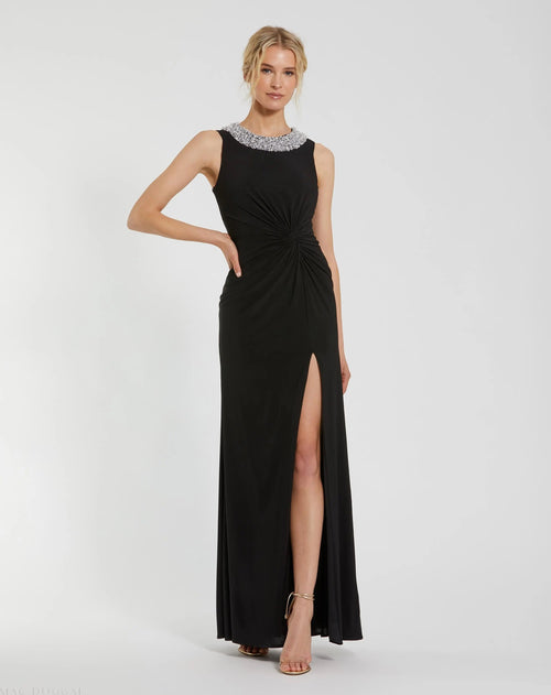 Black Jersey Sleeveless Beaded Neck Gown With Twist