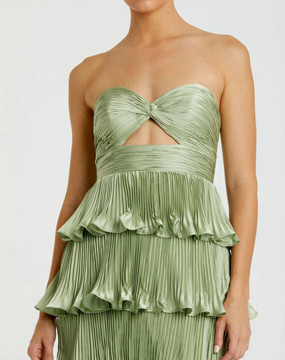 Green Pleated Charmeuse Strapless Tiered Ruffle Gown