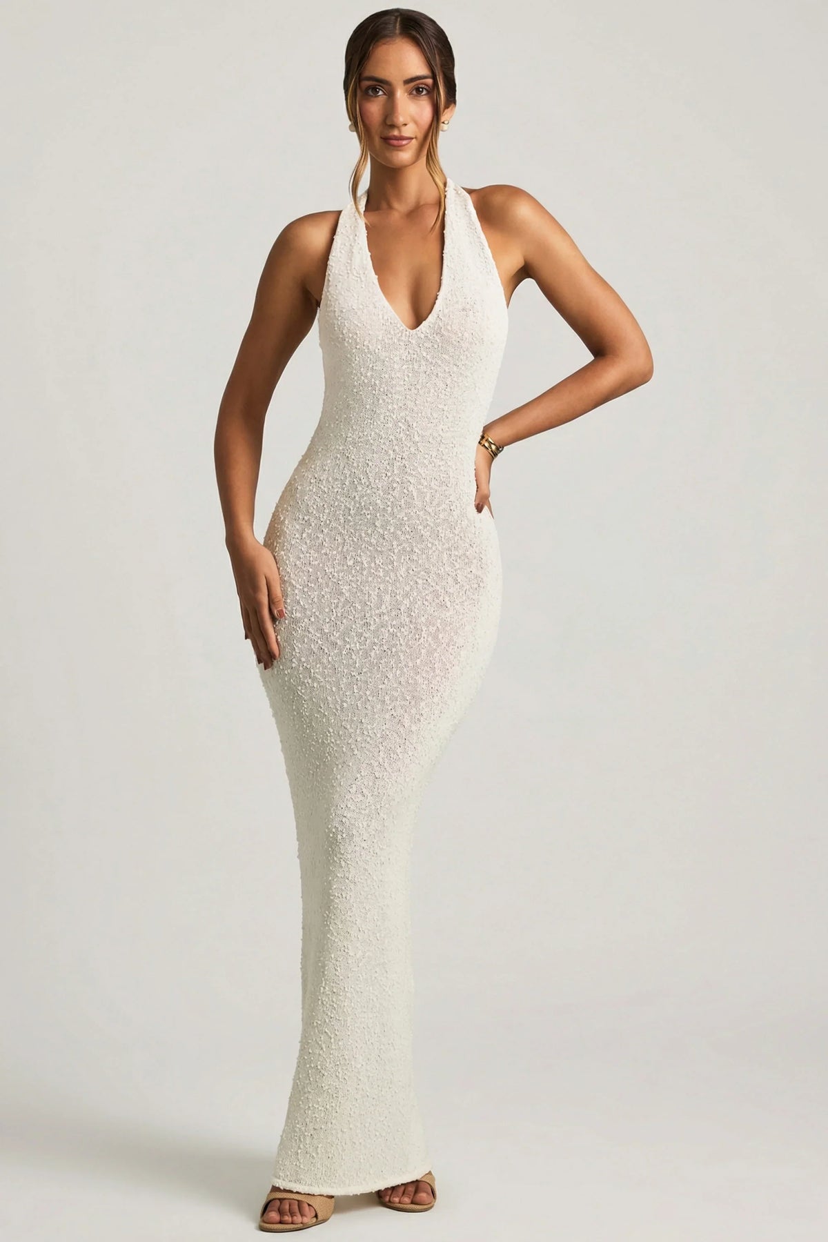 Bouclé Halterneck Maxi Dress in White
