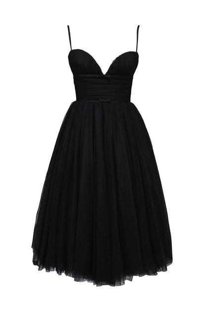 black tulle ruched bodice midi dress - sale