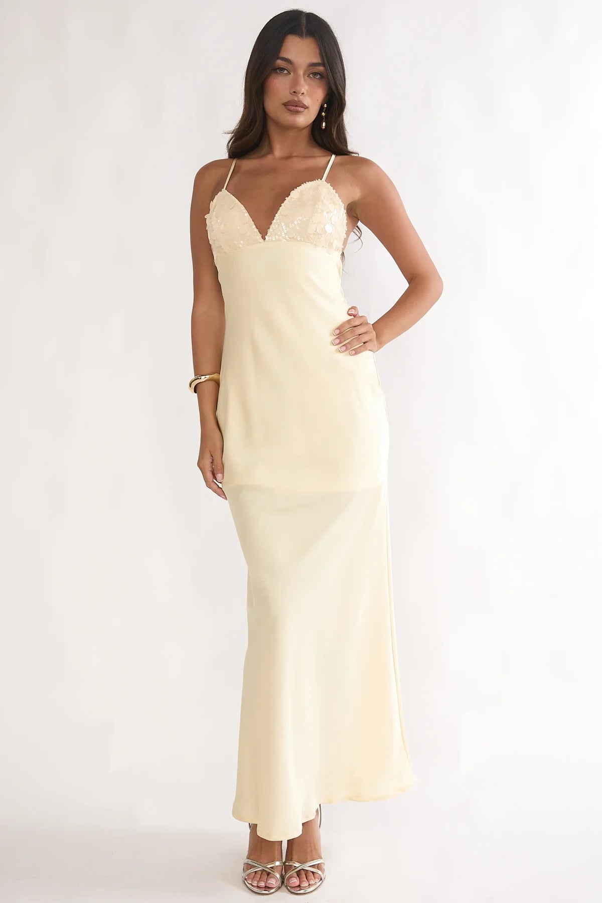 Brynn Sequin Bust Open Back Maxi Dress Butter