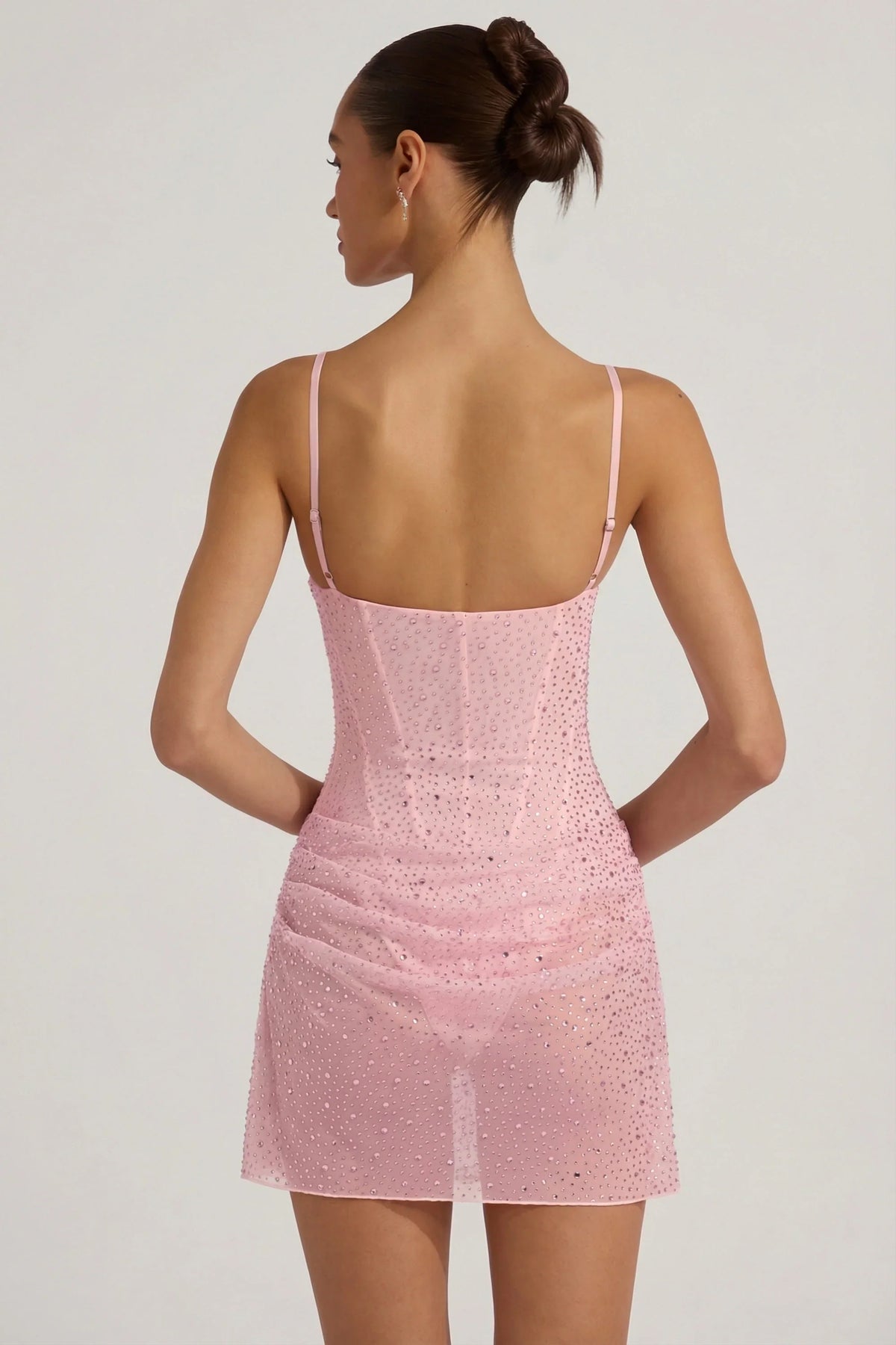 Semi-Sheer Embellished Draped Corset Mini Dress in Pink