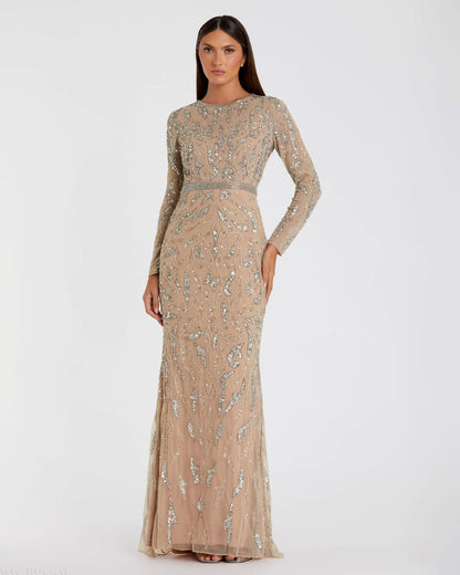 Beaded Long Sleeve Evening Gown