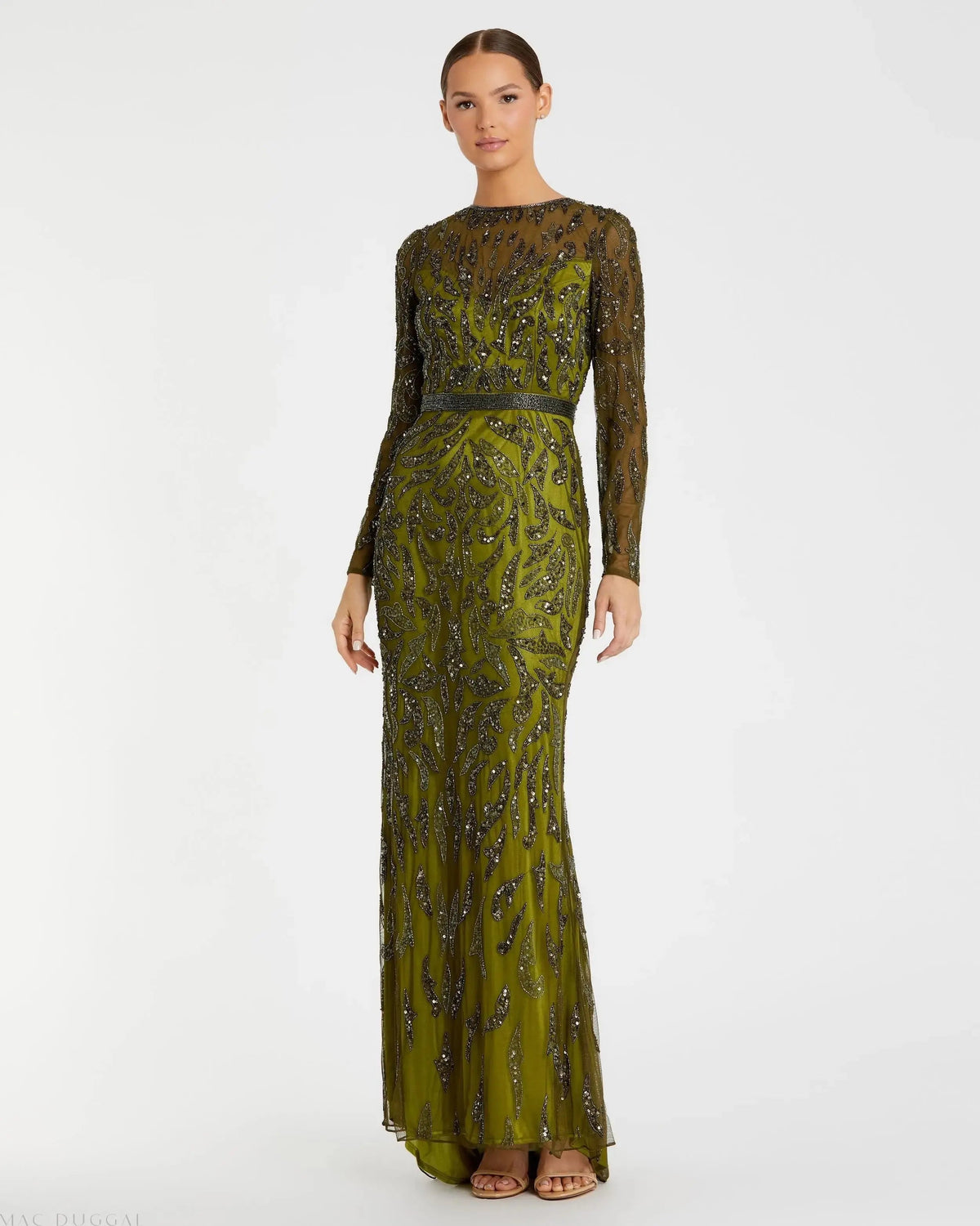Green Long Sleeve Beaded Evening Gown