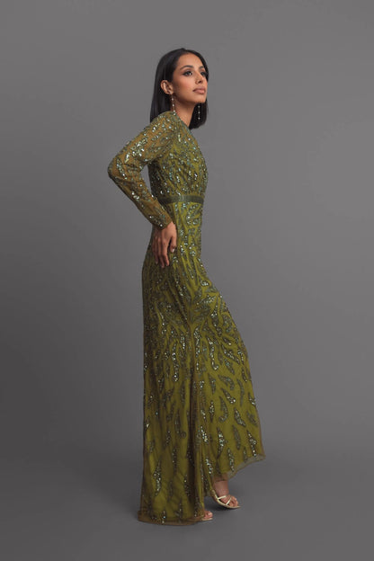 Green Long Sleeve Beaded Evening Gown