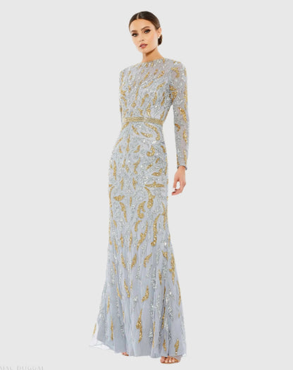 Gray Long Sleeve Beaded Evening Gown