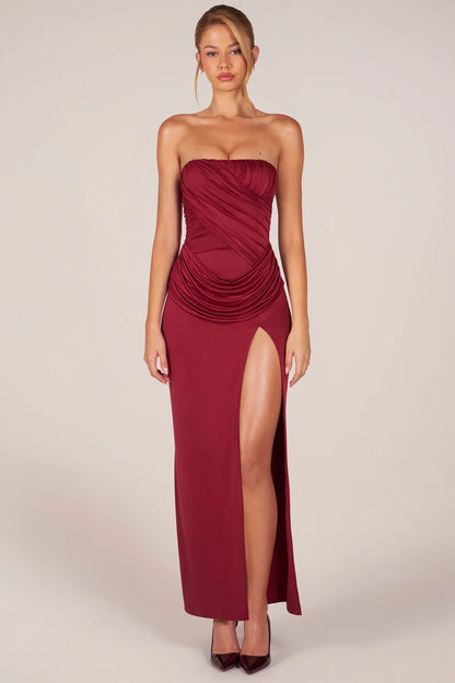 Bandeau Draped Thigh-High Maxi Dress in Cherry Red