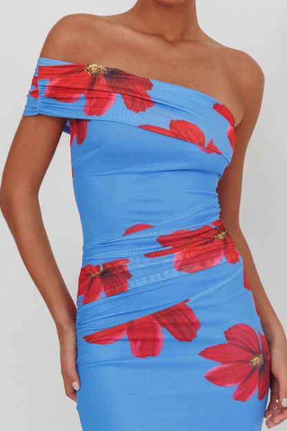 Gala One-Shoulder Maxi Dress Floral Blue