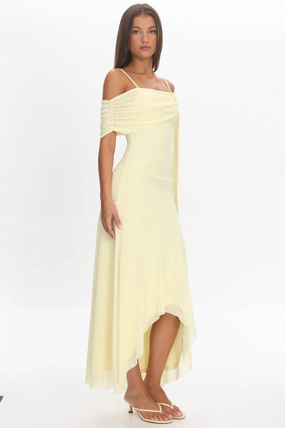 Millitah Asymmetric Hem Mesh Maxi Dress Butter