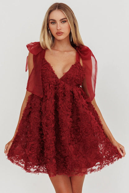Lisette Tied Shoulder Embellished Mini Dress Wine