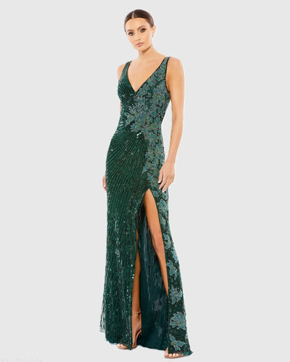 Beaded Floral Sleeveless Gown