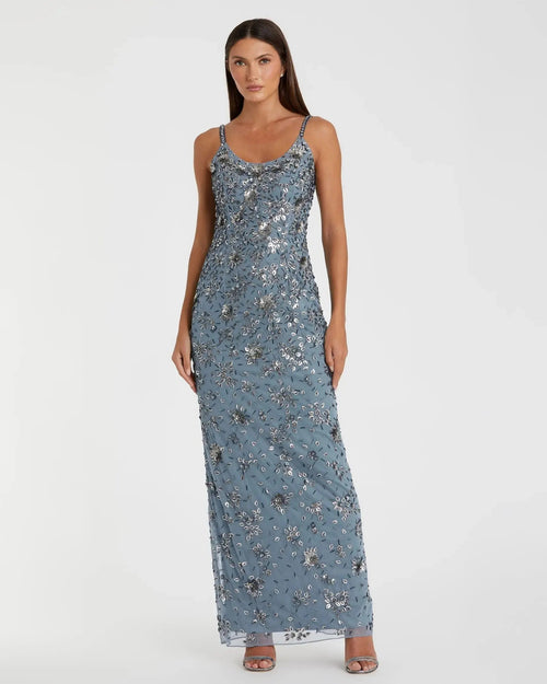 Blue Floral Embellished Scoop Neck Evening Gown
