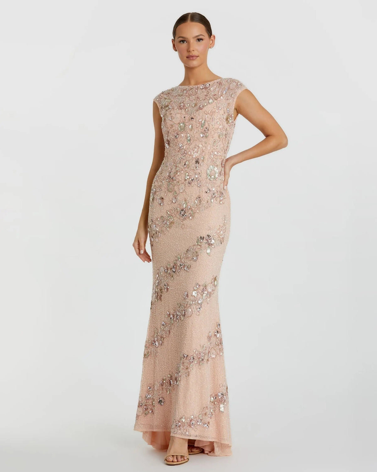 Floral Embellished Cap Sleeve Column Gown