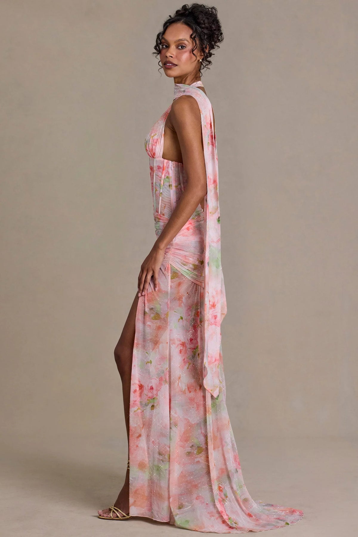 Embellished Scarf-Detail Maxi Dress in Pink Floral Print