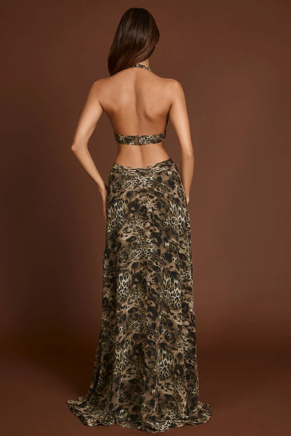 Plunge Cut-out Maxi Gown in Leopard Print
