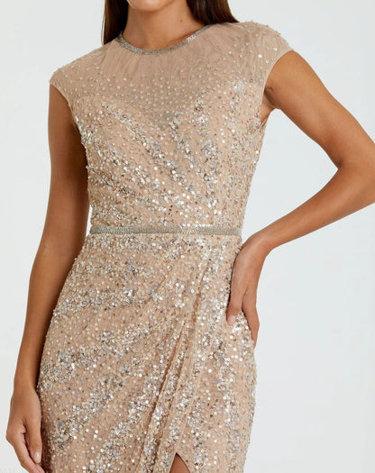 Beige Embellished Illusion High Neck Cap Sleeve Gown