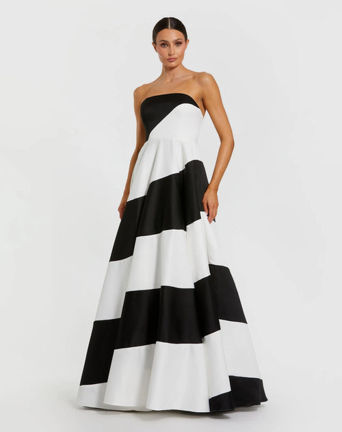 Black and White Striped Satin Strapless Ball Gown