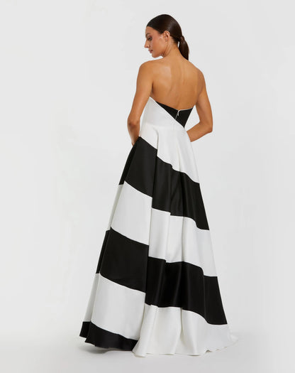 Black and White Striped Satin Strapless Ball Gown