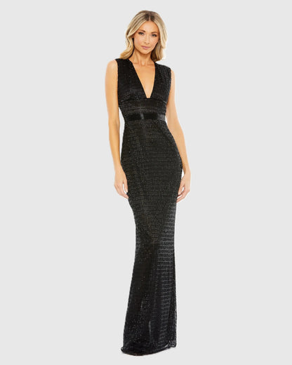 Black Beaded Cap Sleeve V Neck Column Gown