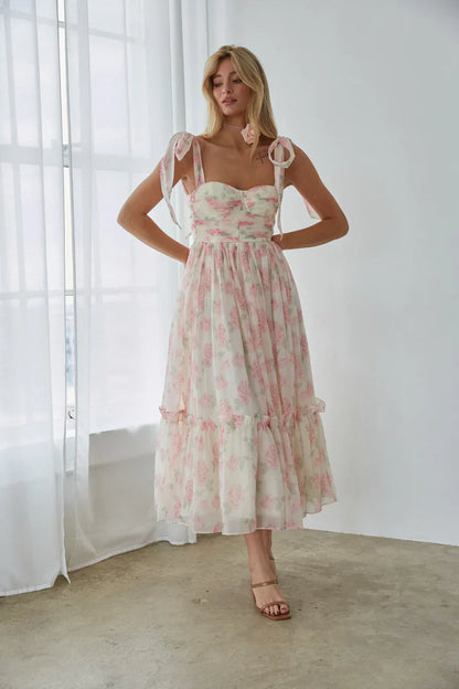 Celine Floral Tie Strap Maxi Dress