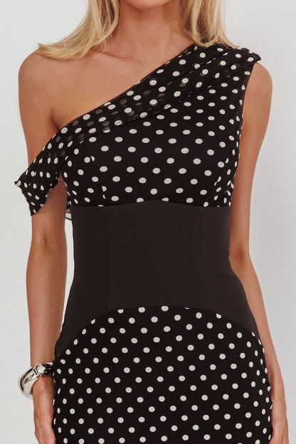 Milos Asymmetric Neckline Maxi Dress Black Dot