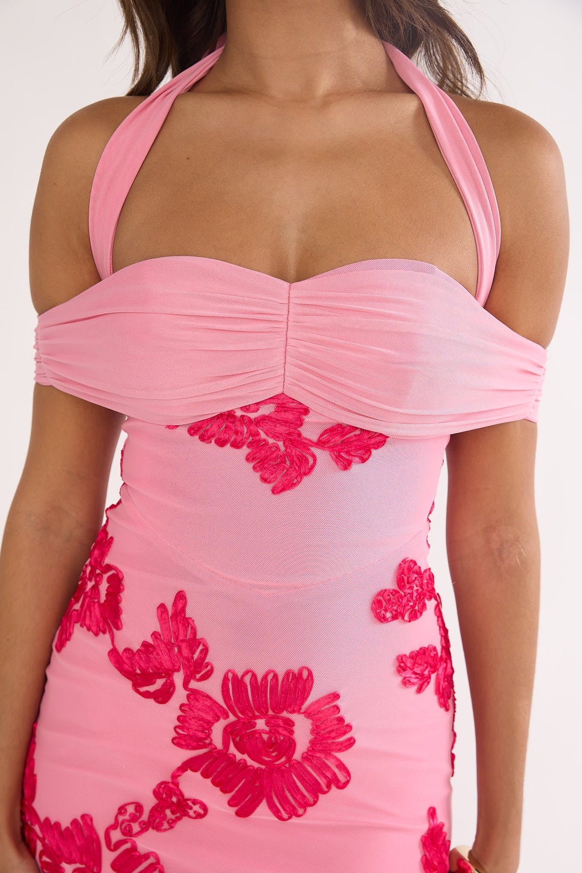 Fleurie Halter Off-Shoulder Maxi Dress Embellished Pink