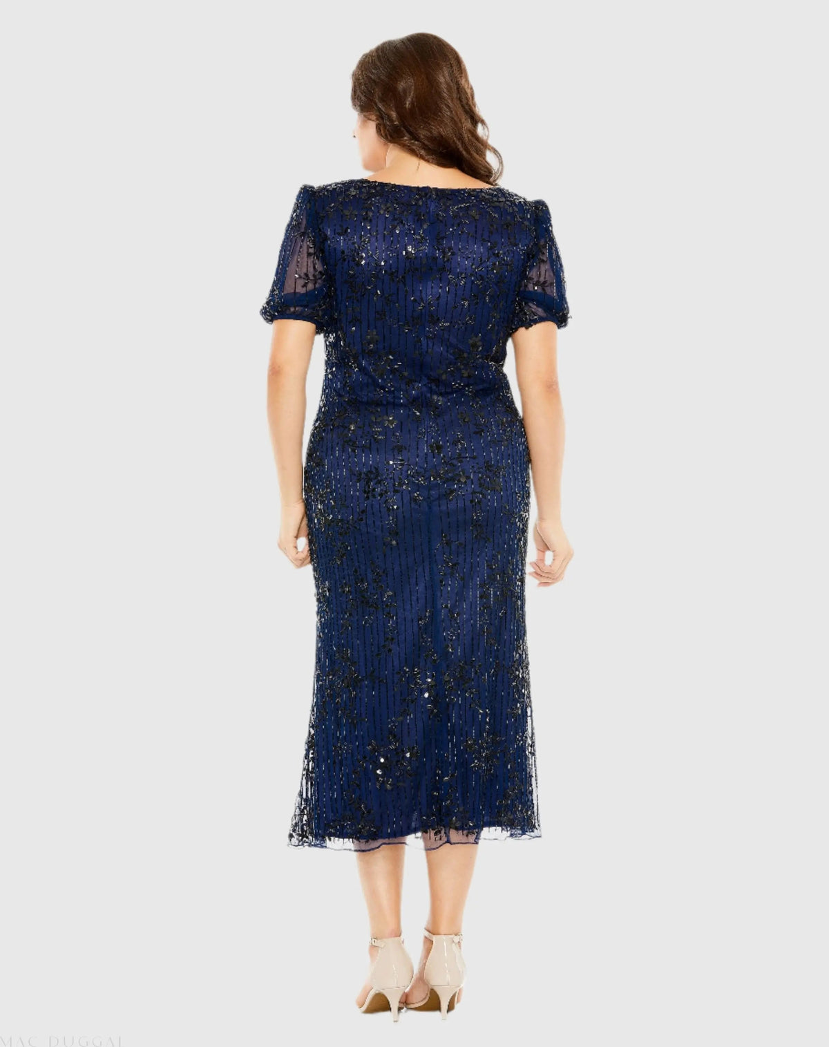 Navy High Neck Puff Sleeve Embellished Dress