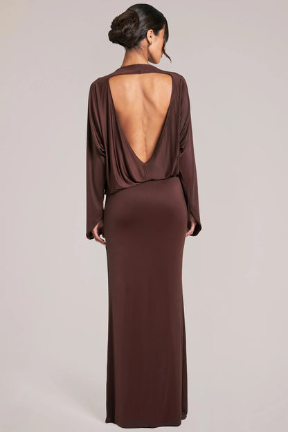 Long-Sleeve Draped Maxi Dress in Chocolate Brown