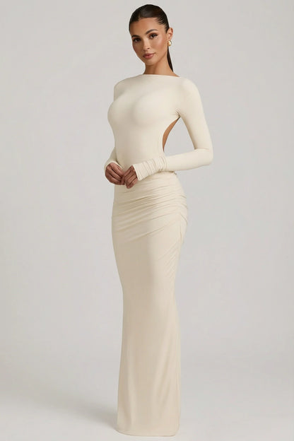 Modal Ruched Backless Maxi Dress in Ivory